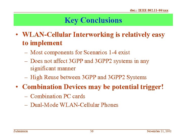 doc. : IEEE 802. 11 -00/xxx Key Conclusions • WLAN-Cellular Interworking is relatively easy