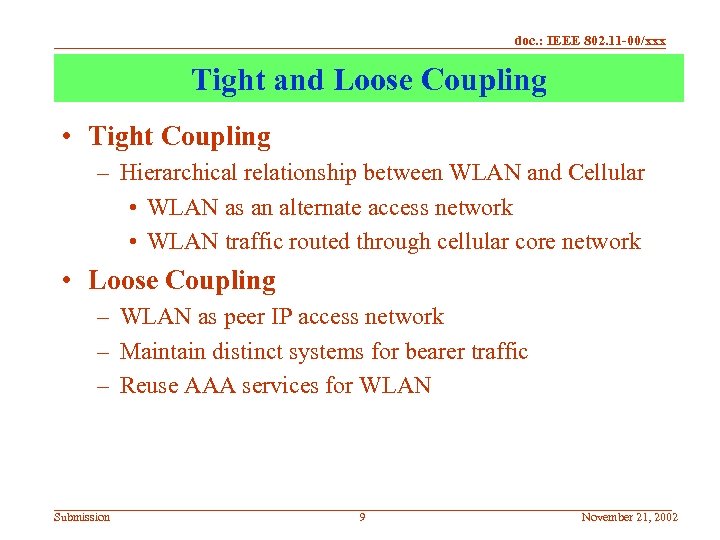 doc. : IEEE 802. 11 -00/xxx Tight and Loose Coupling • Tight Coupling –