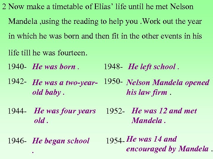 2 Now make a timetable of Elias’ life until he met Nelson Mandela ,