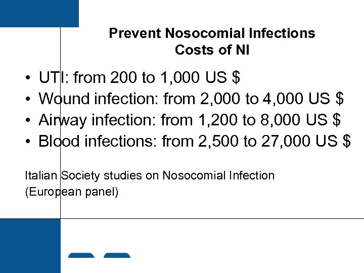 Prevent Nosocomial Infections Costs of NI • • UTI: from 200 to 1, 000