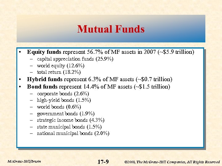 Mutual Funds • Equity funds represent 56. 7% of MF assets in 2007 (~$5.