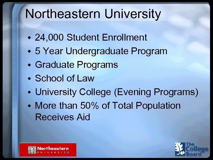 Northeastern University w 24, 000 Student Enrollment w 5 Year Undergraduate Program w Graduate