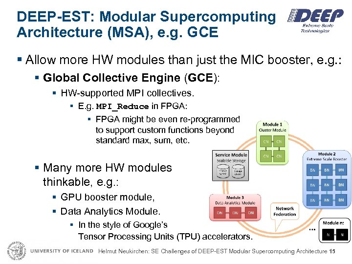DEEP-EST: Modular Supercomputing Architecture (MSA), e. g. GCE § Allow more HW modules than
