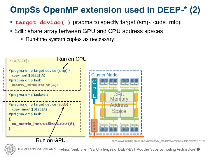 Omp. Ss Open. MP extension used in DEEP-* (2) § target device( ) pragma