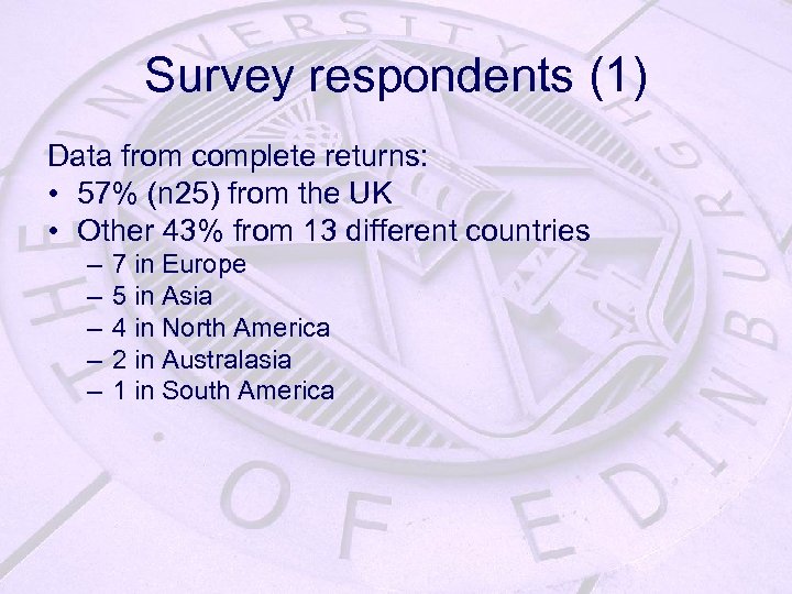 Survey respondents (1) Data from complete returns: • 57% (n 25) from the UK