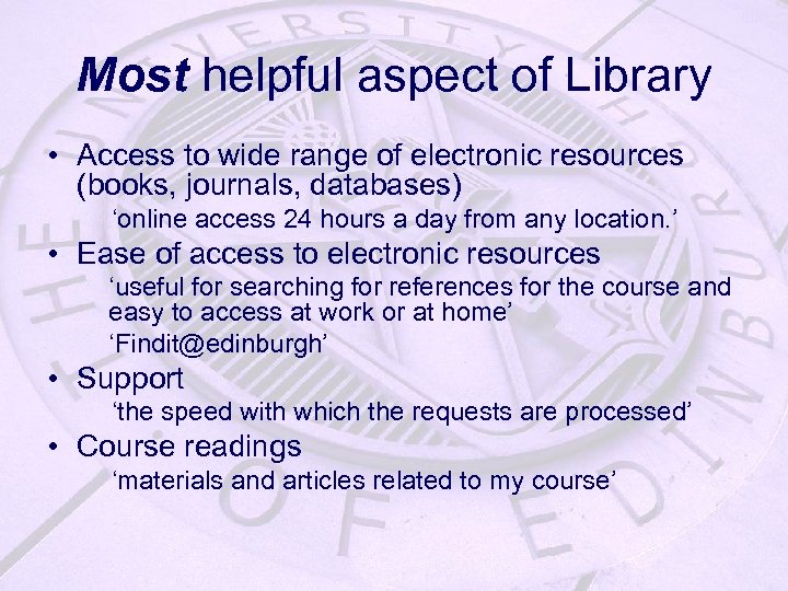 Most helpful aspect of Library • Access to wide range of electronic resources (books,