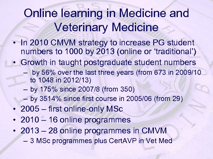 Online learning in Medicine and Veterinary Medicine • In 2010 CMVM strategy to increase