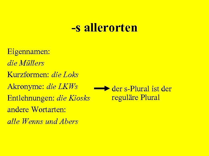 -s allerorten Eigennamen: die Müllers Kurzformen: die Loks Akronyme: die LKWs Entlehnungen: die Kiosks