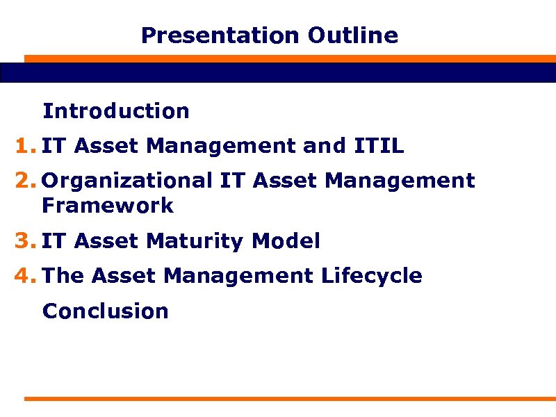 Presentation Outline Introduction 1. IT Asset Management and ITIL 2. Organizational IT Asset Management