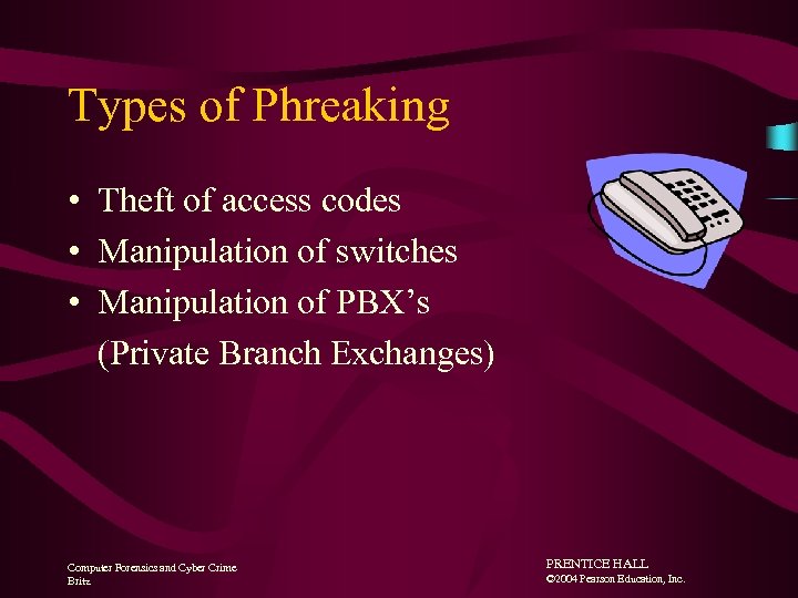 Types of Phreaking • Theft of access codes • Manipulation of switches • Manipulation