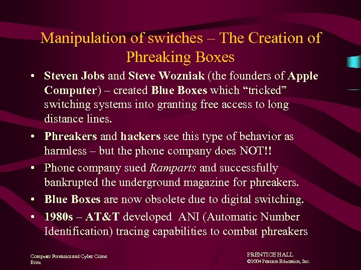 Manipulation of switches – The Creation of Phreaking Boxes • Steven Jobs and Steve