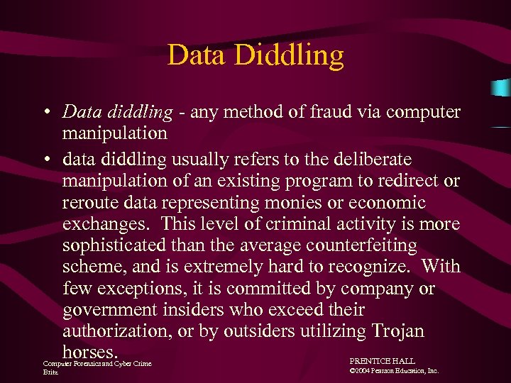 Data Diddling • Data diddling - any method of fraud via computer manipulation •