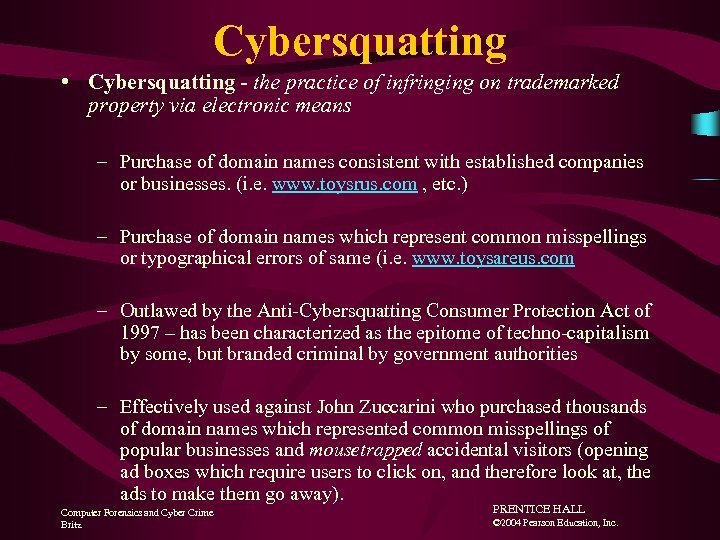 Cybersquatting • Cybersquatting - the practice of infringing on trademarked property via electronic means