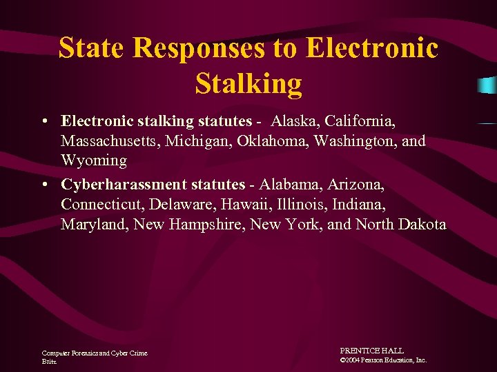 State Responses to Electronic Stalking • Electronic stalking statutes - Alaska, California, Massachusetts, Michigan,