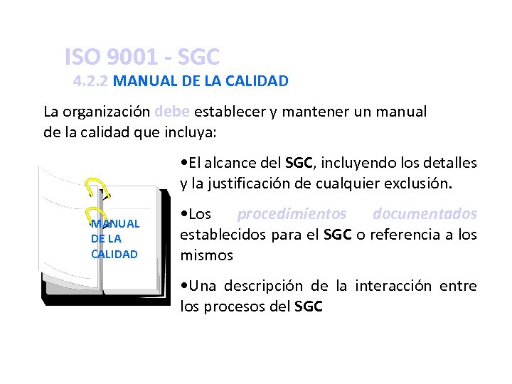 ISO 9001 - SGC 4. 2. 2 MANUAL DE LA CALIDAD La organización debe