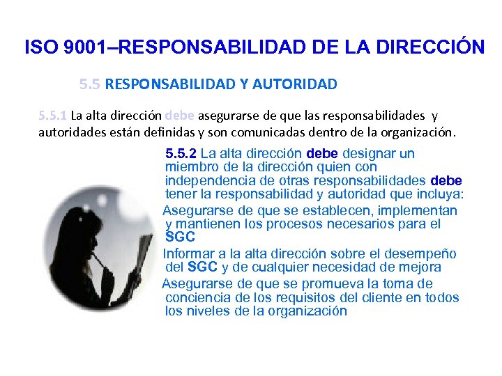 ISO 9001–RESPONSABILIDAD DE LA DIRECCIÓN 5. 5 RESPONSABILIDAD Y AUTORIDAD 5. 5. 1 La