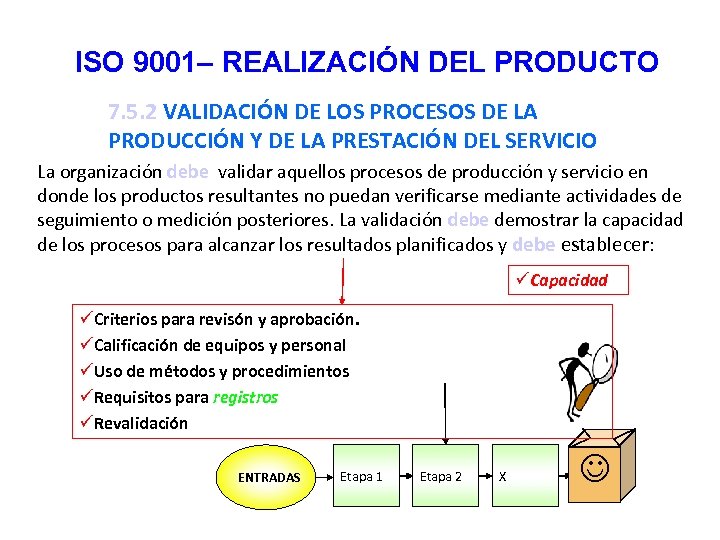 ISO 9001– REALIZACIÓN DEL PRODUCTO 7. 5. 2 VALIDACIÓN DE LOS PROCESOS DE LA