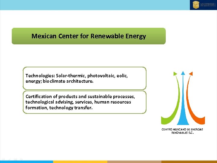 Mexican Center for Renewable Energy Technologies: Solar-thermic, photovoltaic, eolic, energy; bioclimate architecture. Certification of