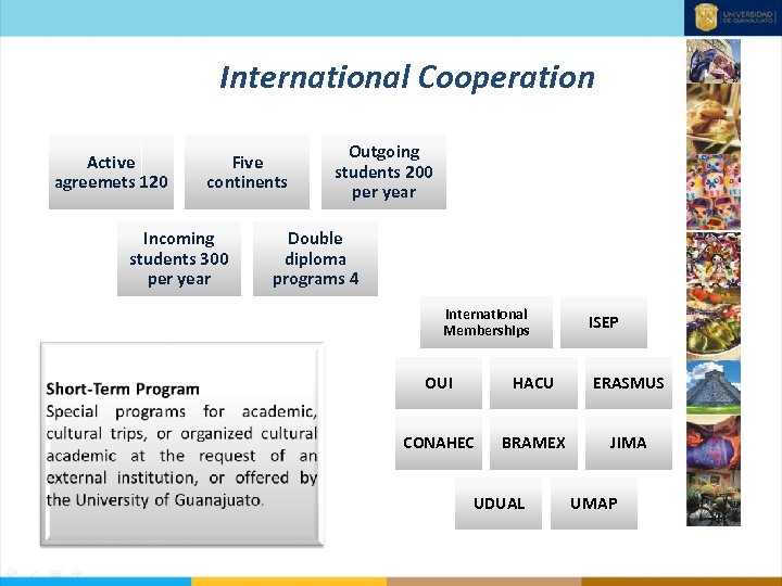 International Cooperation Active agreemets 120 Five continents Incoming students 300 per year Outgoing students