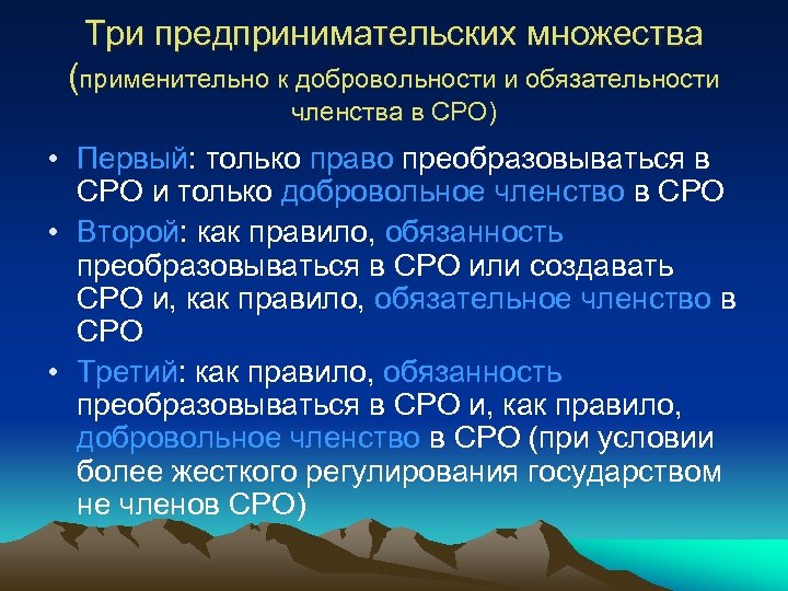 Три предпринимательских множества (применительно к добровольности и обязательности членства в СРО) • Первый: только