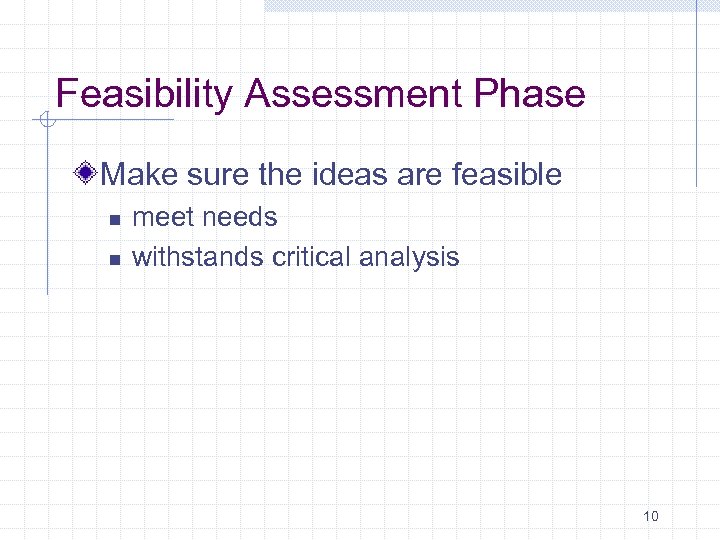 Feasibility Assessment Phase Make sure the ideas are feasible n n meet needs withstands