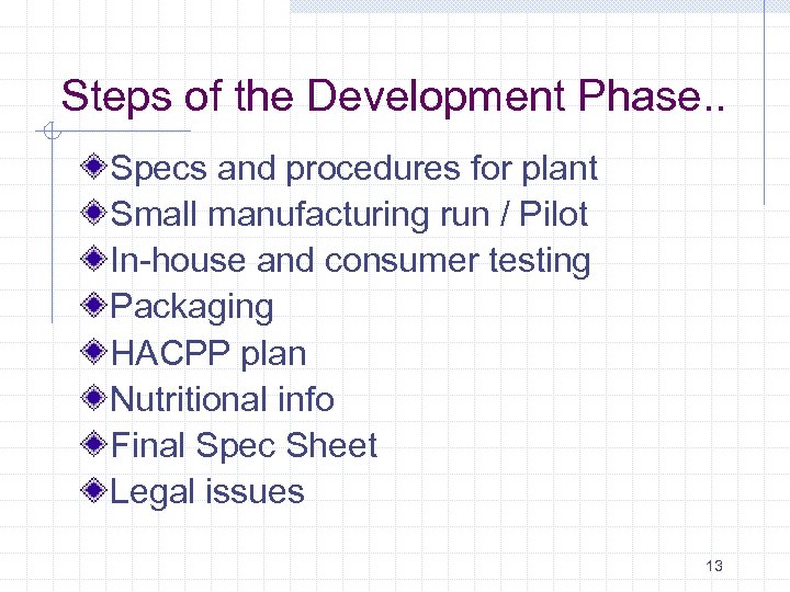 Steps of the Development Phase. . Specs and procedures for plant Small manufacturing run