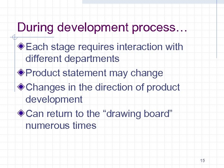 During development process… Each stage requires interaction with different departments Product statement may change
