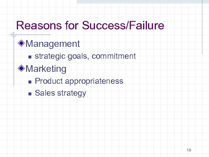 Reasons for Success/Failure Management n strategic goals, commitment Marketing n n Product appropriateness Sales