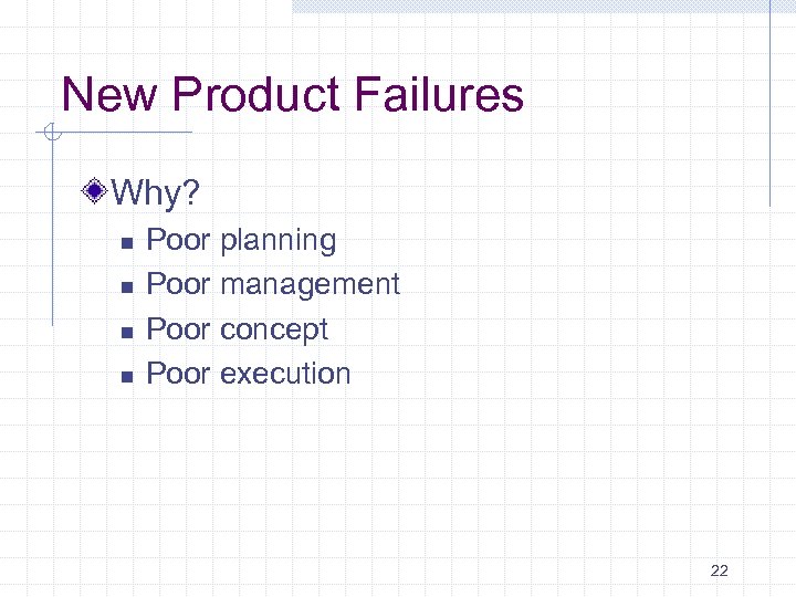 New Product Failures Why? n n Poor planning Poor management Poor concept Poor execution