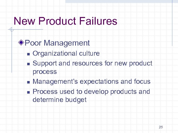 New Product Failures Poor Management n n Organizational culture Support and resources for new