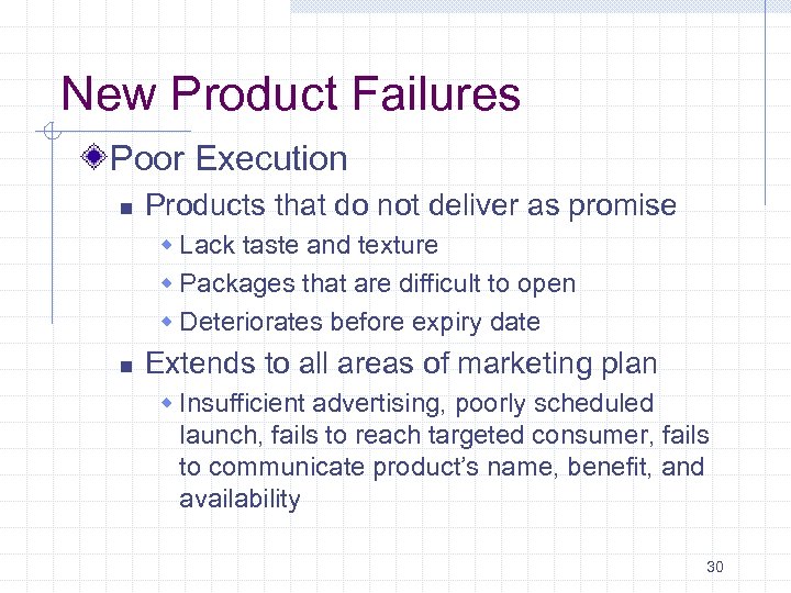 New Product Failures Poor Execution n Products that do not deliver as promise w