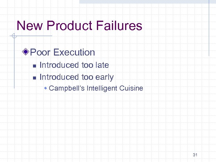 New Product Failures Poor Execution n n Introduced too late Introduced too early w