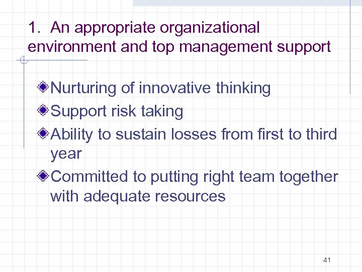 1. An appropriate organizational environment and top management support Nurturing of innovative thinking Support