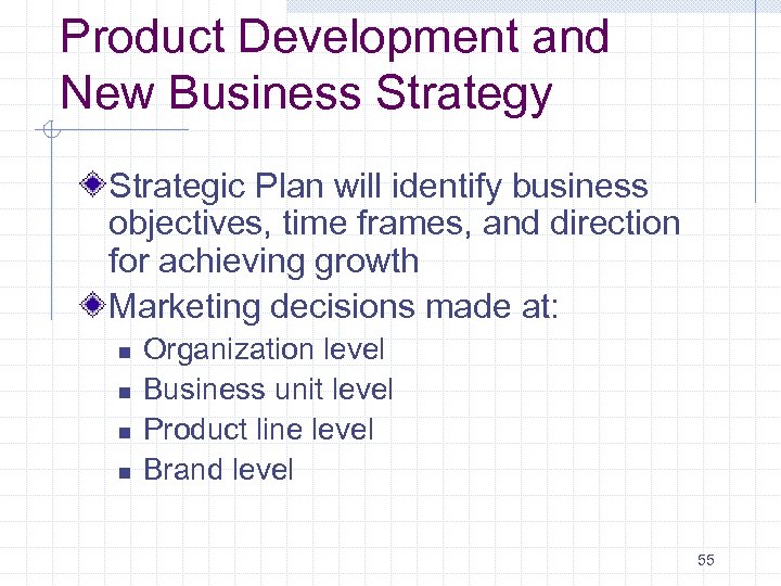 Product Development and New Business Strategy Strategic Plan will identify business objectives, time frames,