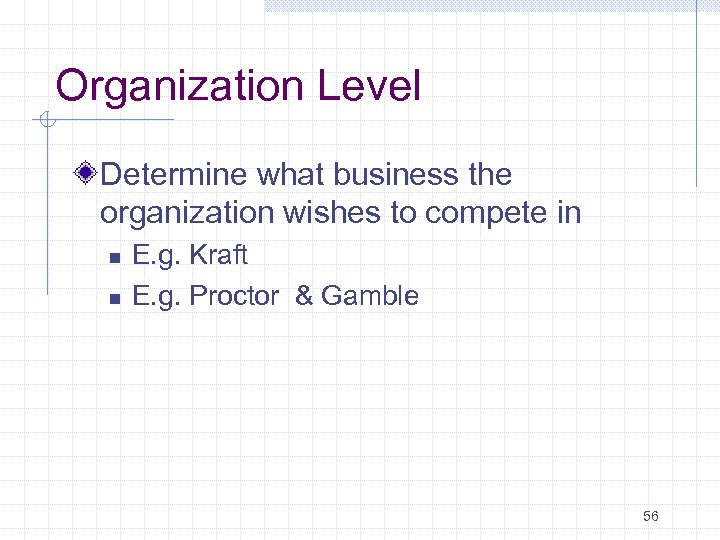 Organization Level Determine what business the organization wishes to compete in n n E.