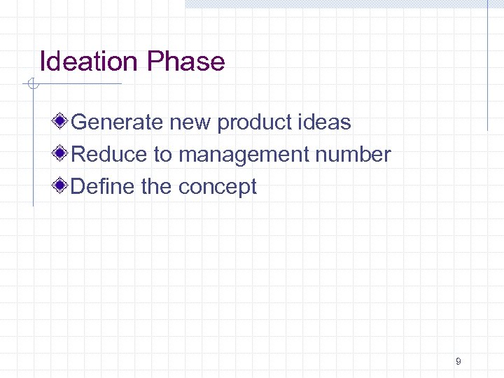 Ideation Phase Generate new product ideas Reduce to management number Define the concept 9