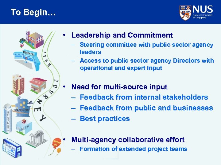 To Begin… • Leadership and Commitment – Steering committee with public sector agency leaders