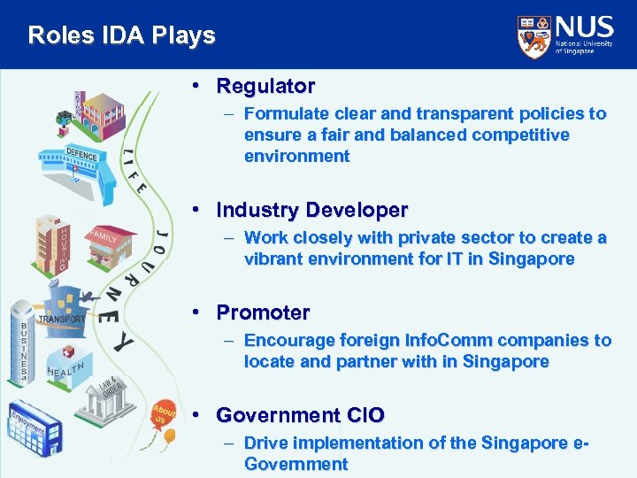 Roles IDA Plays • Regulator – Formulate clear and transparent policies to ensure a