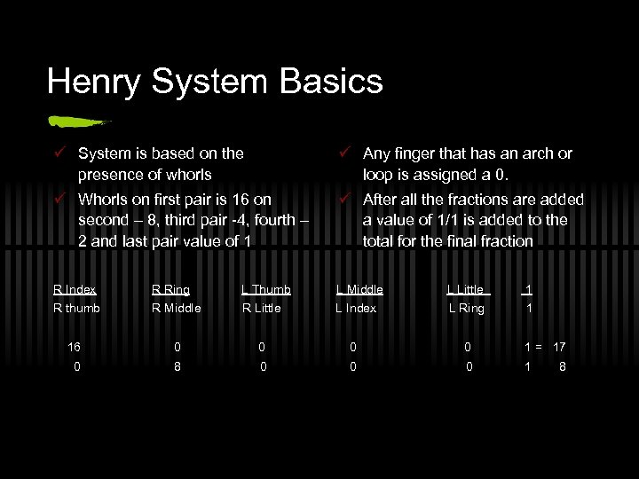 Henry System Basics ü System is based on the presence of whorls ü Any