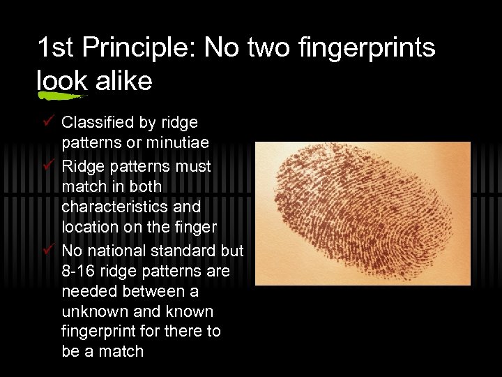 1 st Principle: No two fingerprints look alike ü Classified by ridge patterns or