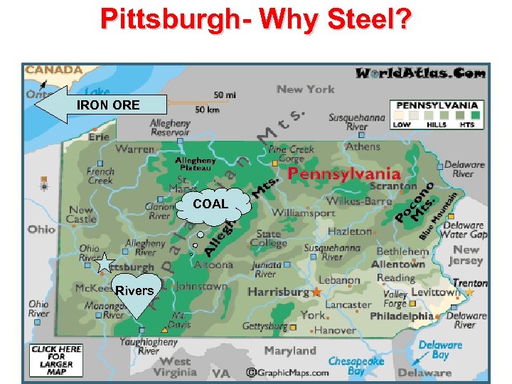 Pittsburgh- Why Steel? IRON ORE COAL Rivers 