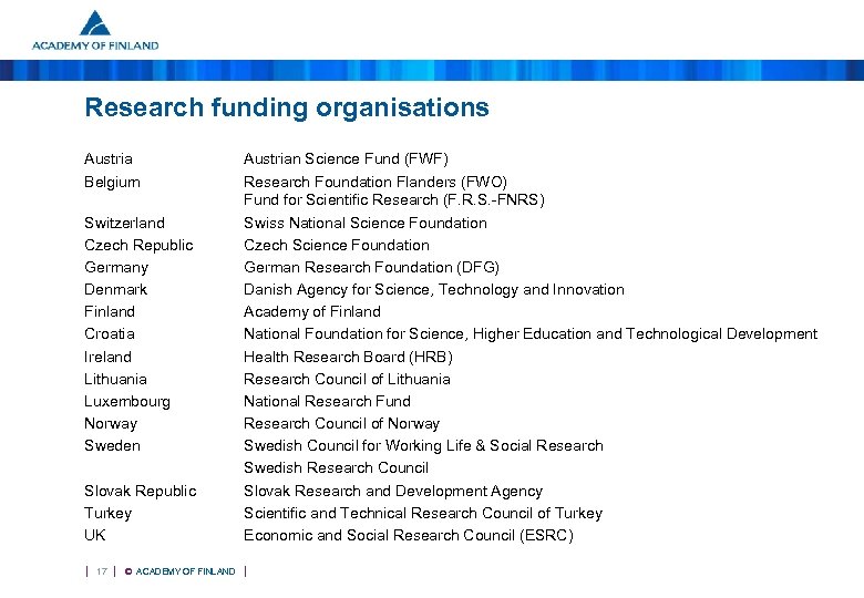 Research funding organisations Austria Belgium Switzerland Czech Republic Germany Denmark Finland Croatia Ireland Lithuania