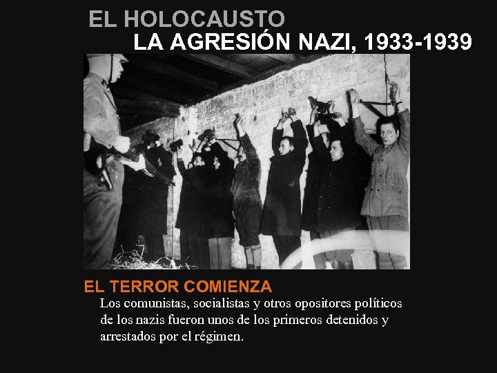 EL HOLOCAUSTO LA AGRESIÓN NAZI, 1933 -1939 EL TERROR COMIENZA Los comunistas, socialistas y