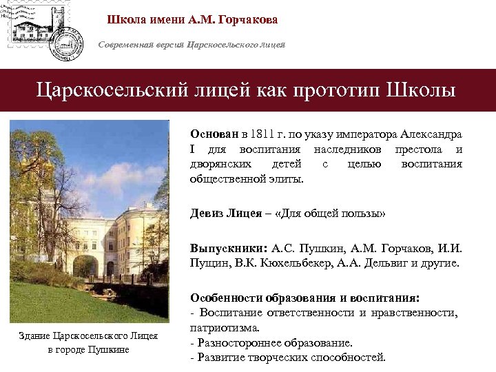 Школа имени А. М. Горчакова Современная версия Царскосельского лицея Царскосельский лицей как прототип Школы