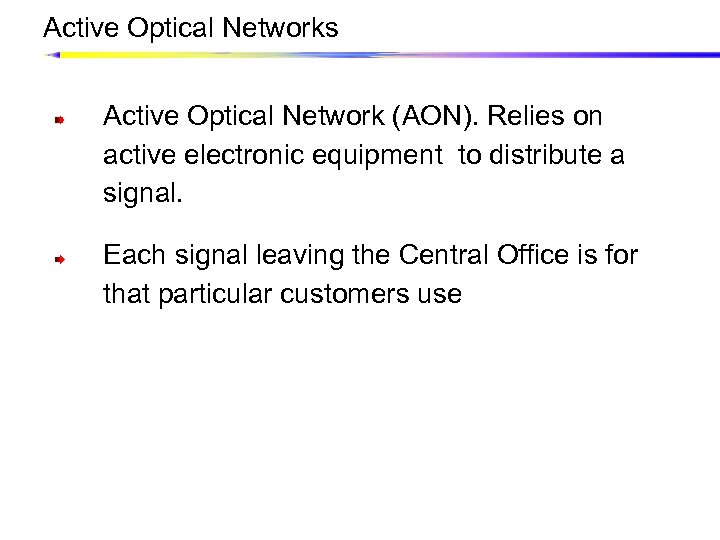 Active Optical Networks Active Optical Network (AON). Relies on active electronic equipment to distribute