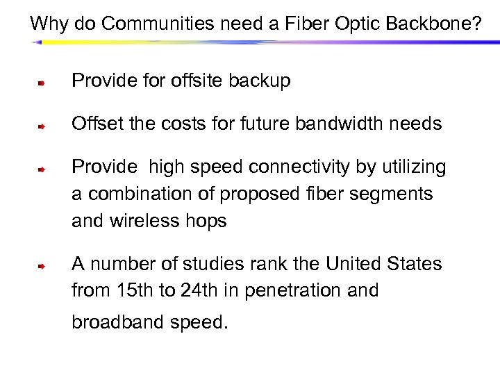 Why do Communities need a Fiber Optic Backbone? Provide for offsite backup Offset the