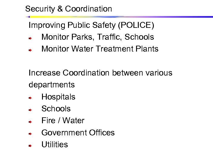 Security & Coordination Improving Public Safety (POLICE) Monitor Parks, Traffic, Schools Monitor Water Treatment