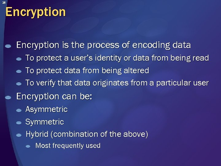 26 Encryption is the process of encoding data To protect a user’s identity or