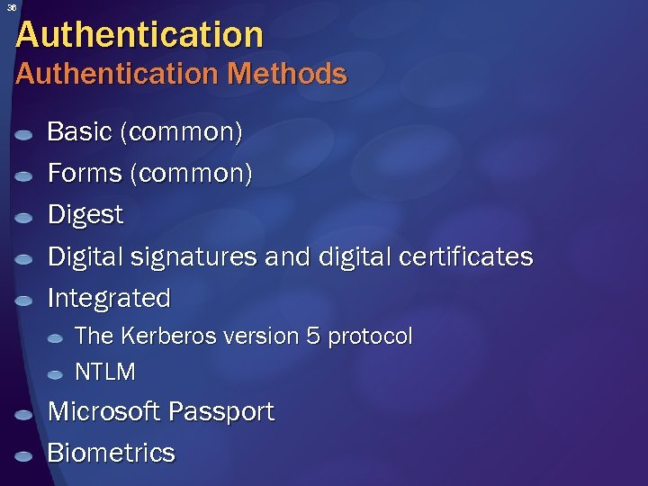 36 Authentication Methods Basic (common) Forms (common) Digest Digital signatures and digital certificates Integrated