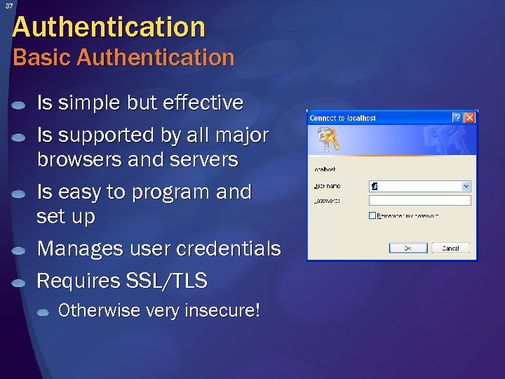 37 Authentication Basic Authentication Is simple but effective Is supported by all major browsers